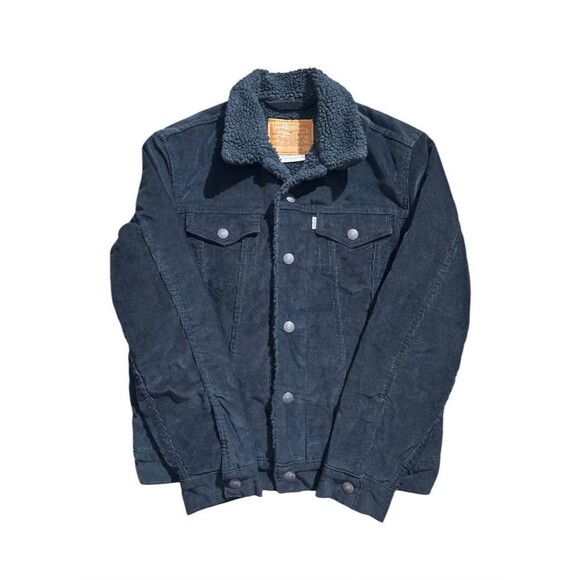 Levis Premium Trucker Jacket Corduroy Sherpa Lined Black Sz Small Big E Tab Snap - Picture 1 of 5